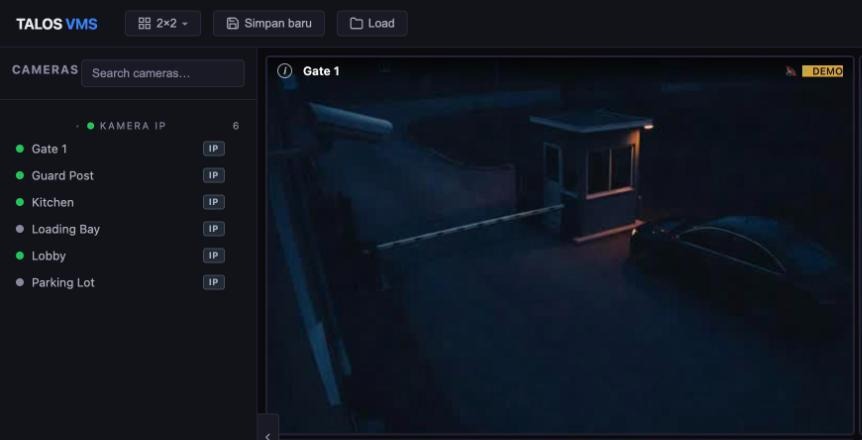 Part of the Talos vms console: a camera list on the left and two live camera tiles, with the layout toolbar above.