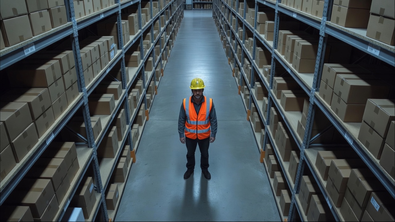 A worker in a hard hat and high-visibility vest standing in a warehouse aisle, inside a labelled box.