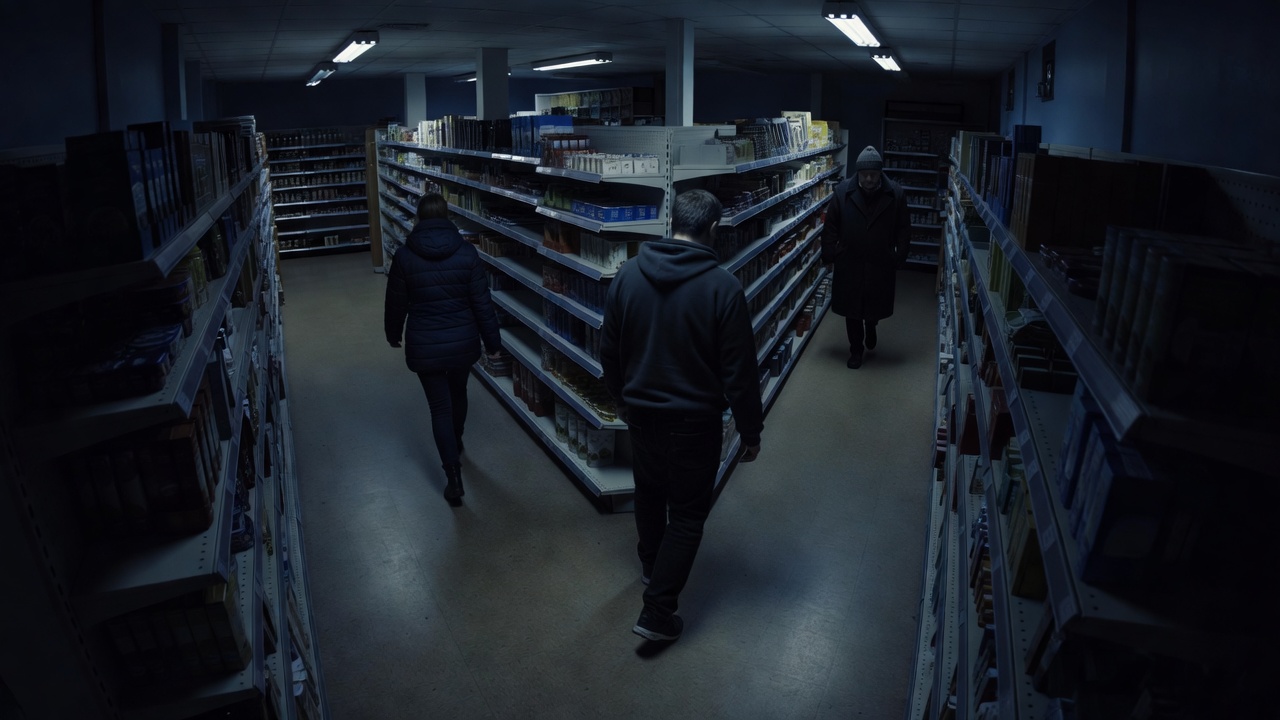 A shop aisle seen from a ceiling camera with three people, each inside a labelled box.