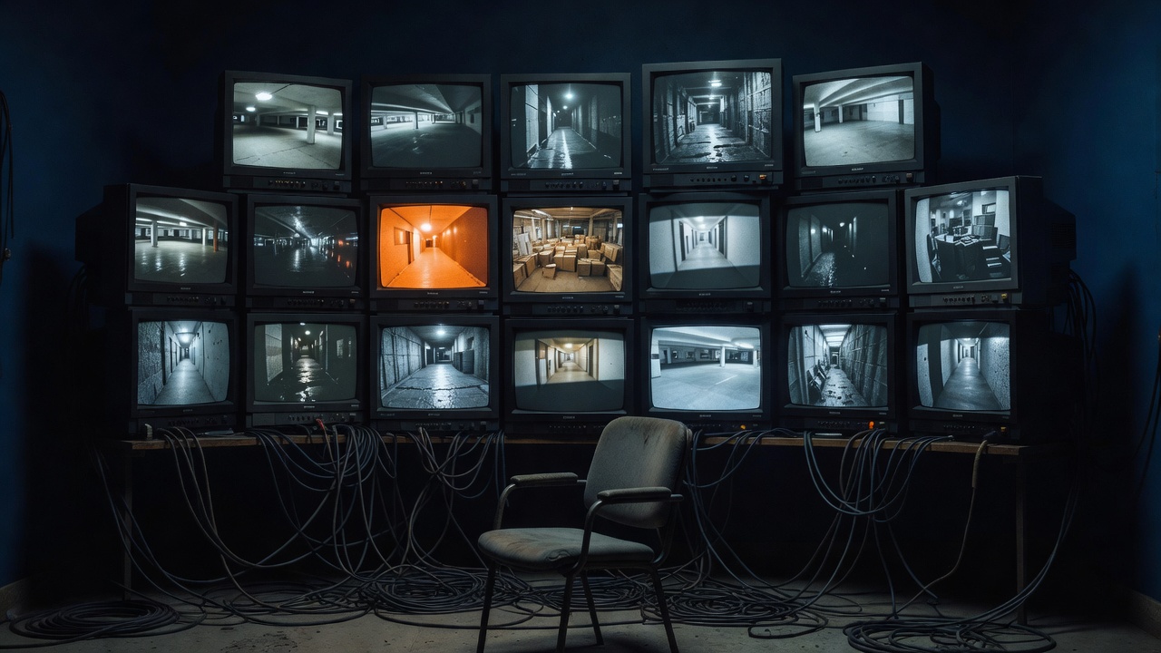 An operator in front of a wall of surveillance monitors. Illustrative image.