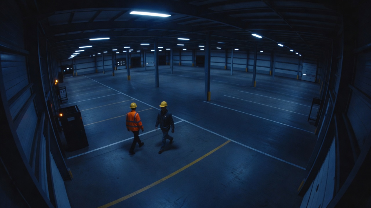A warehouse aisle with a worker in a hard hat and high-visibility vest.